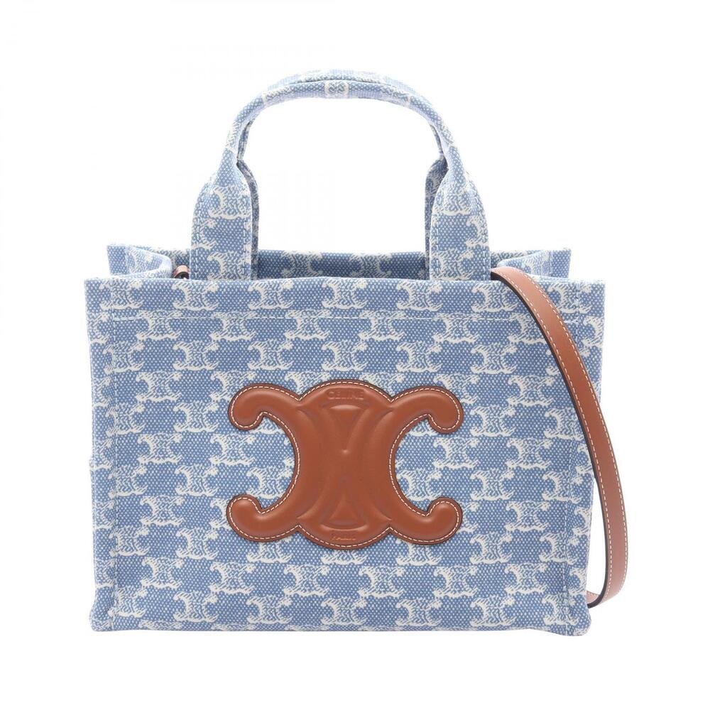 Celine Cabas Tote Bag Canvas Leather Blue White Brown